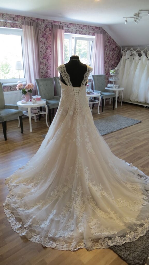Brautkleid in weiß mit langer Schleppe